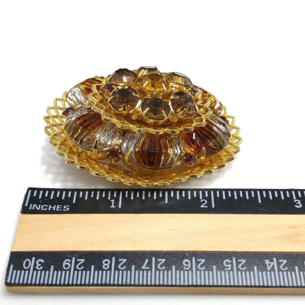 Light Dark Topaz Rhinestones Filigree Brooch, Art Glass, Two Tiered Oval Pin